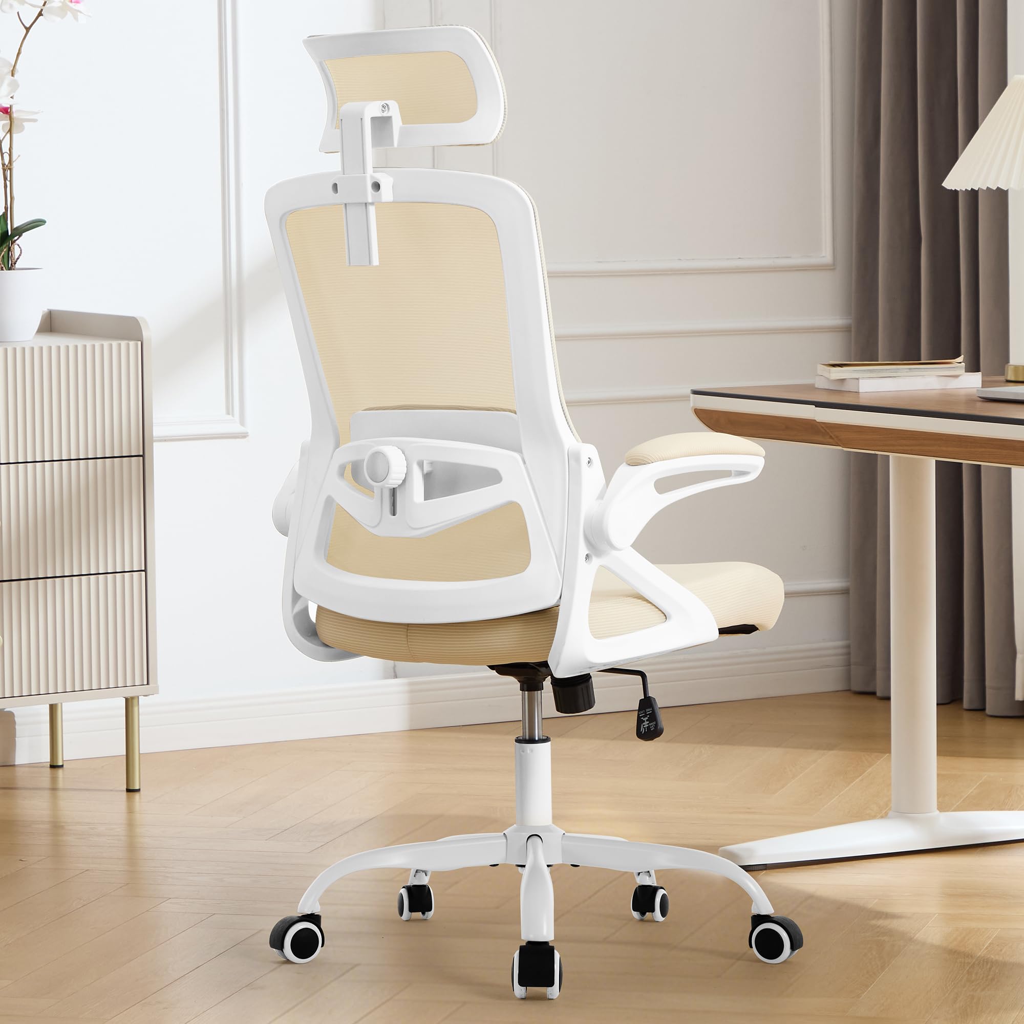 Ergonomic Office Chair, 400 LBS Computer Chairs with Adjustable Lumbar Support, Breathable Mesh Desk Chair Ergonomic with Thickened Cushion, Comfy Home Office Desk Chair (Buff Beige)