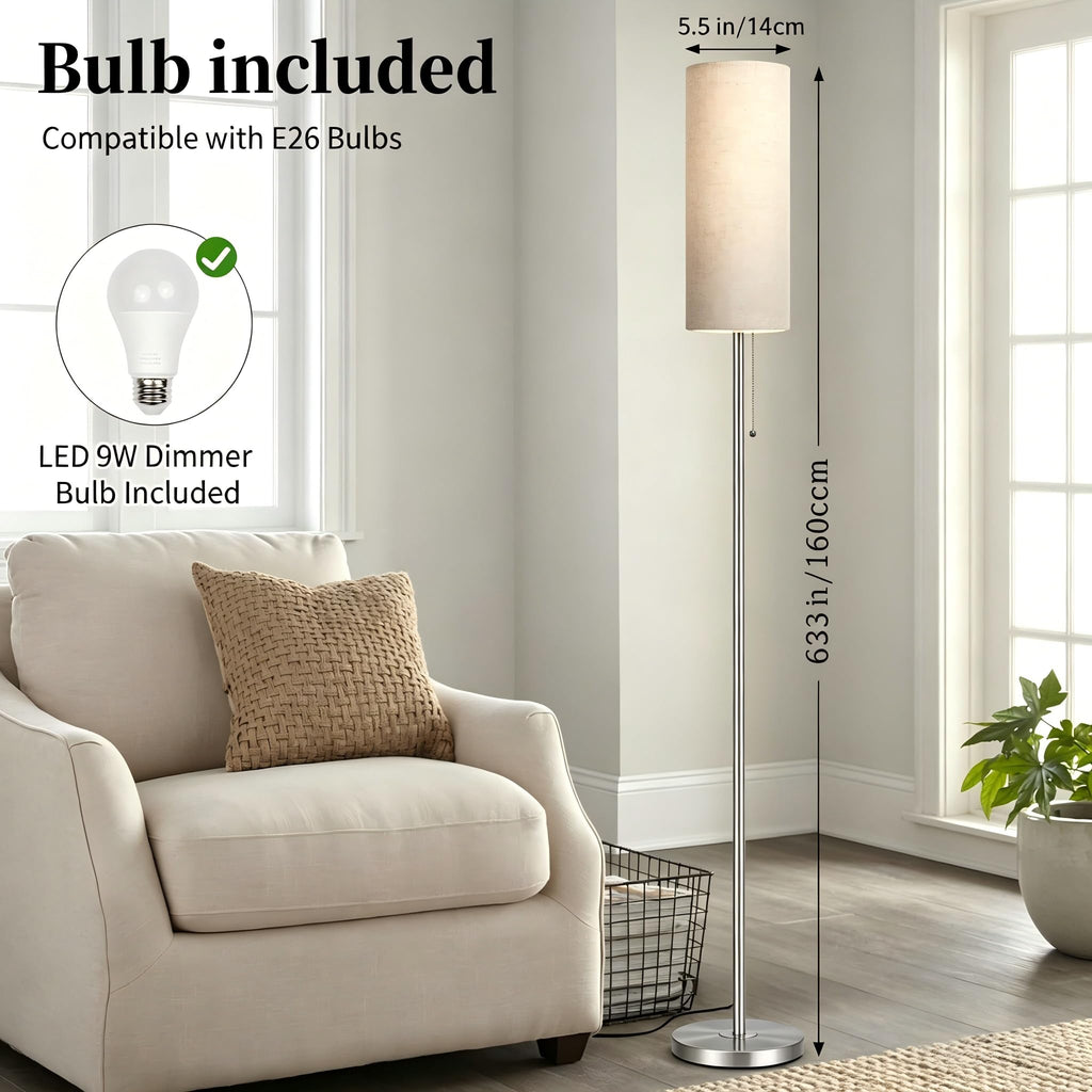 Floor Lamp for Living Room, Modern Standing Lamps with Lampshade, Minimalist Tall Lamp with Chain Switch for Living Room, LED Bulb Included (Nickel Body+Beige Shade)