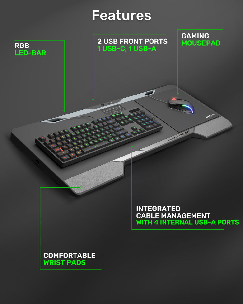 Lapboard³ with HORIZONLIGHT RGB Bar, Ultimate Ergonomic USB-Hub Gaming Lap Board for Couch and Bed, Large, Stable and Compatible with All Keyboards and Mice, Laptops, PCs, PS4/5, Xbox