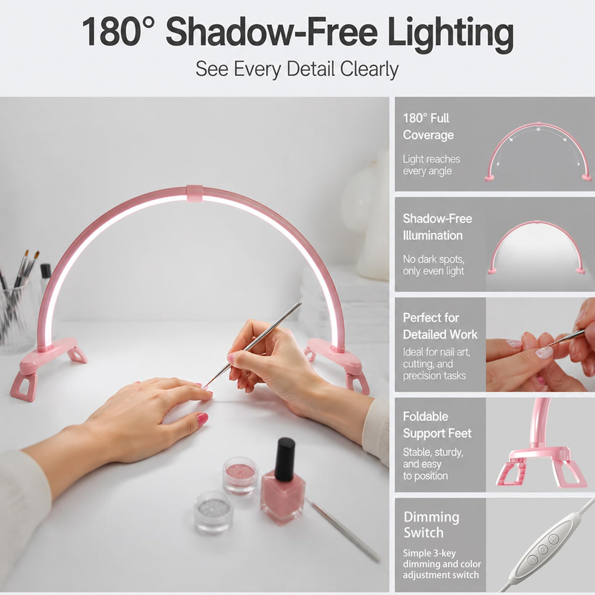 Half Moon Nail Desk Lamp, 23” Foldable Nail Tech Light, 10-Level Dimming & 3 Color Temperatures, Pink Arch Light for Manicure, Eyelash, Tattoo & Skin Care
