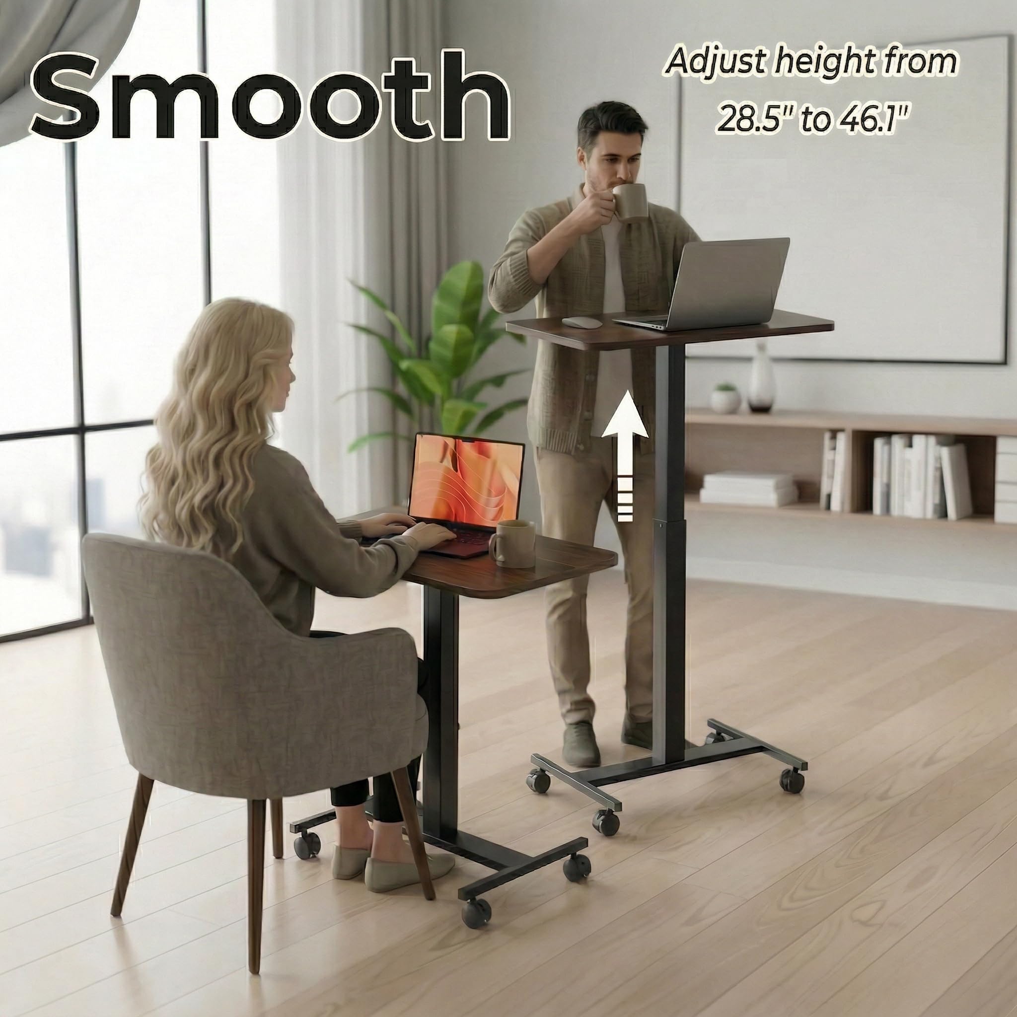 Small Rolling Laptop Standing Desk, Height Adjustable Mobile T-Base Desk with Lockable Casters, Portable Sit-Stand Workstation for Bedside & Sofa, Walnut