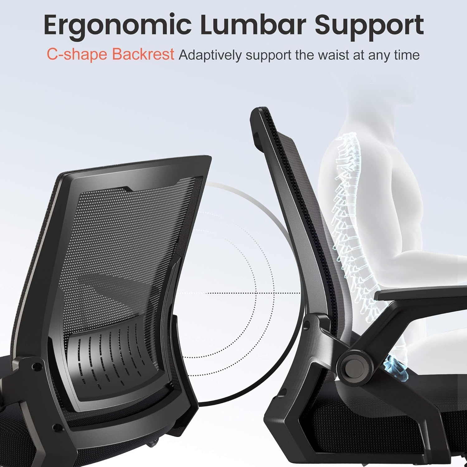 Office Chair with Flip-up Armrests Ergonomic Computer Desk Chair with Adaptive Lumbar Support & Breathable Mesh, Black, Pack of 2