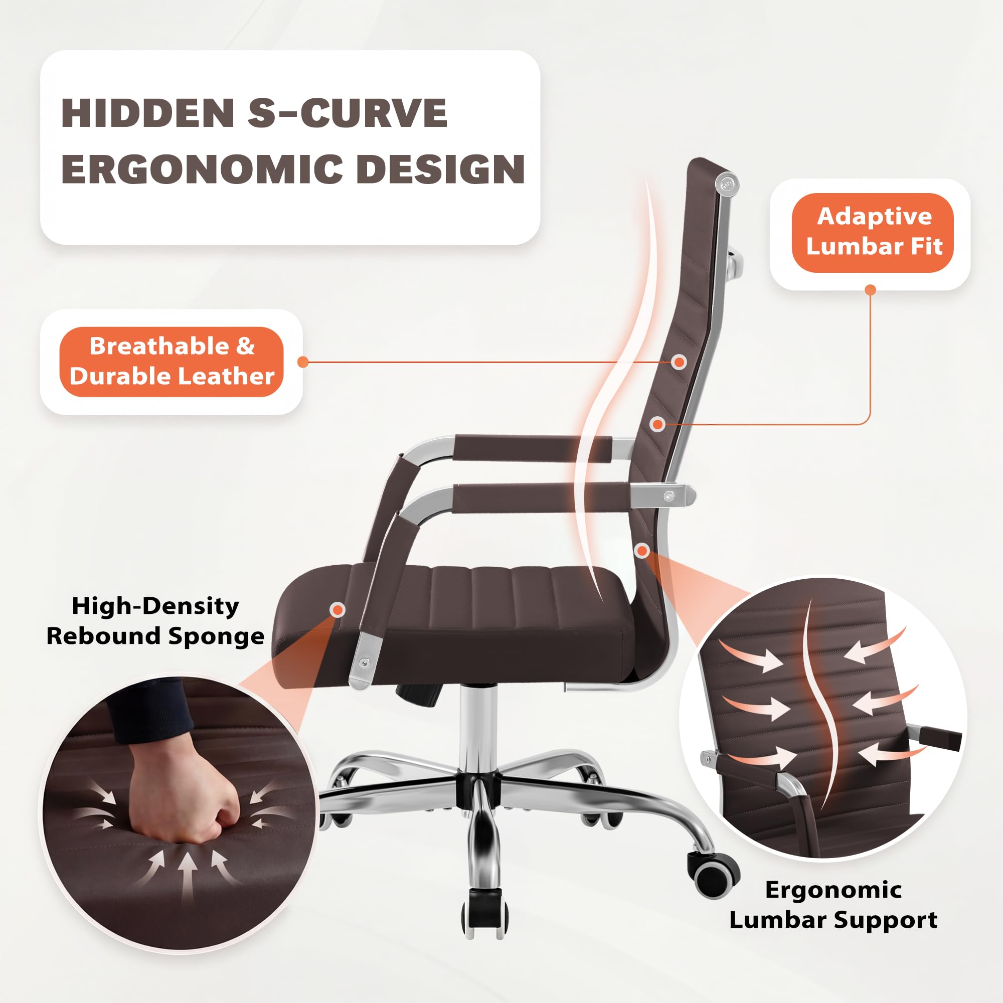 Ergonomic Office Desk Chair, Executive Ribbed Mid-Back PU Leather Conference Room Chair Adjustable Swivel Chair with Arms (1, Brown)