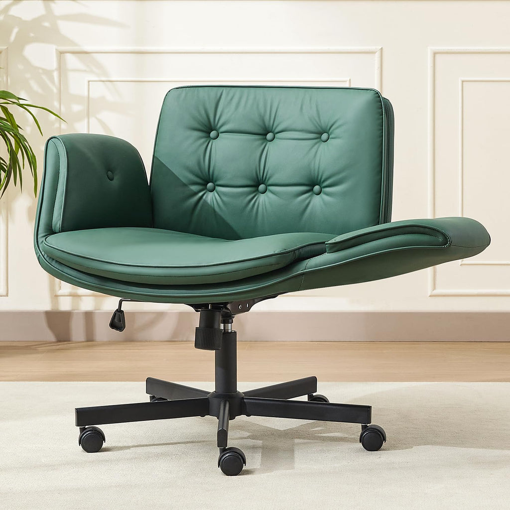 Criss Cross Office Chair, PU Leather Vanity Chair with 5-Level Adjustable Armrests & Swivel, Ergonomic Criss Cross Chair for Home Office Bedroom Makeup（Green）
