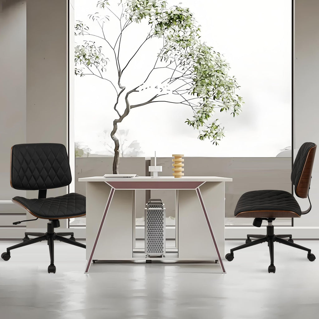 (4 pk) Home Office Desk Chair with Wheels, Adjustable Height Armless Office Chair, PU Leather Mid Back 360 Swivel Computer Chair, Modern Walnut Chair for Home, Meeting, Reading Room,Black
