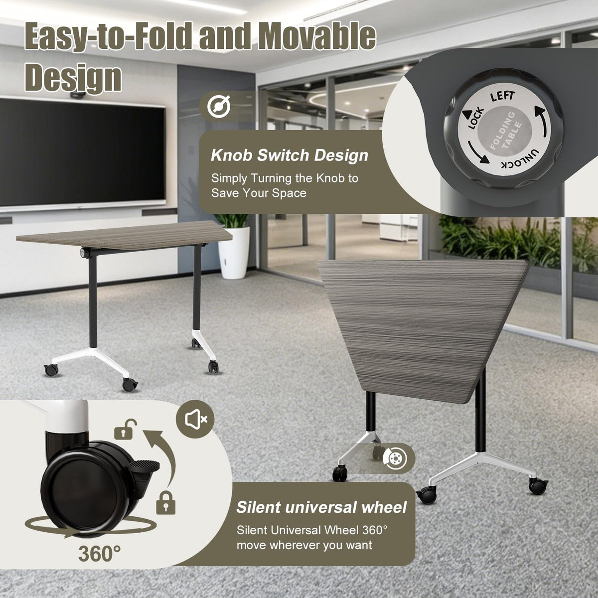 Folding Conference Table, 2 Pack Modern Flip Top Mobile Training Tables