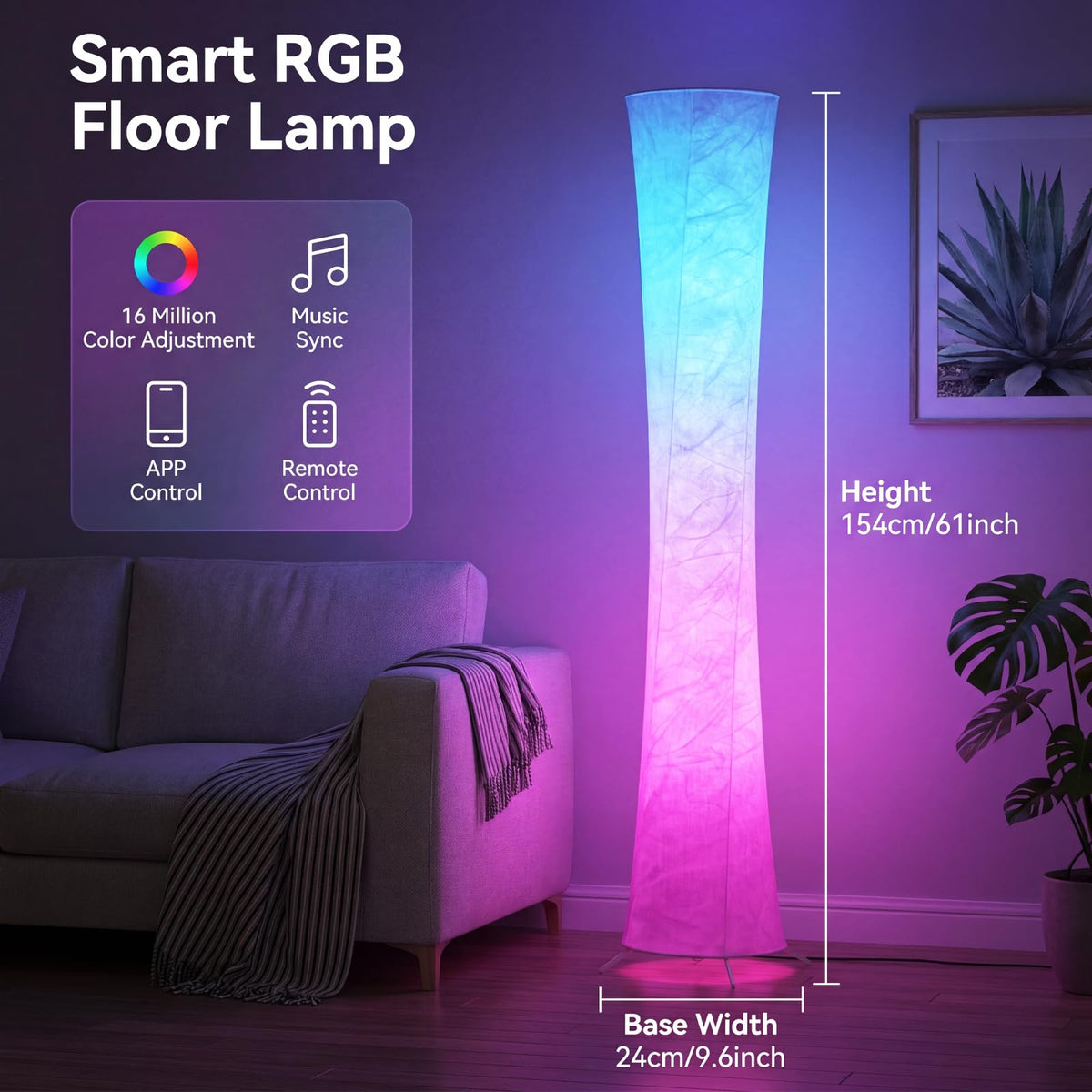 RGB Round Floor Lamp, 61'' Smart LED Corner Lamp with App and Remote Control, 16 Million DIY Colors, Music Sync, Modern Standing Lamp for Living Room Bedroom Gaming