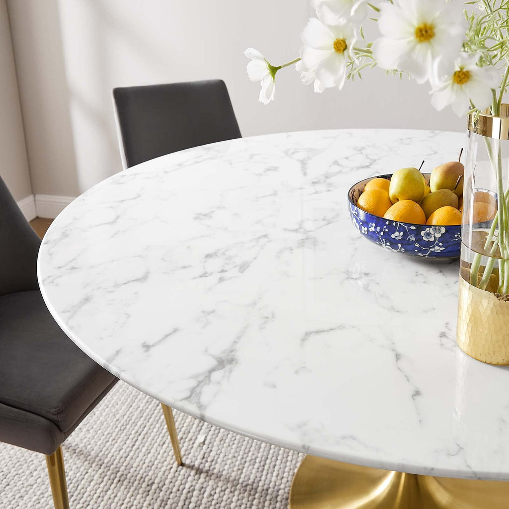 Modway Lippa 60" Mid-Century Dining Table with Round Artificial Marble Top in Gold White