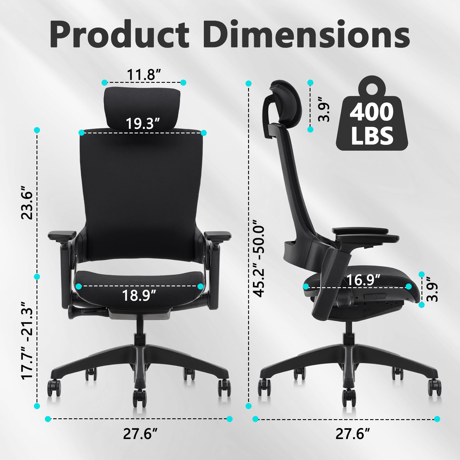 Ergonomic High Swivel Executive Chair with Adjustable Height Head 3D Arm Rest Lumbar Support and Upholstered Back for Home Office Black