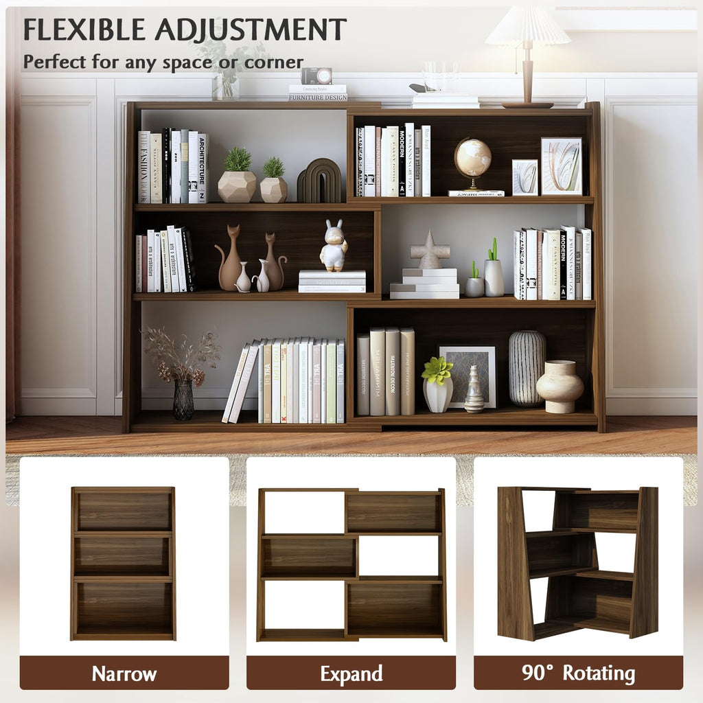 Wooden Extendable Shelf Bookcase, 3-Tier Low Bookshelf, Walnut, L