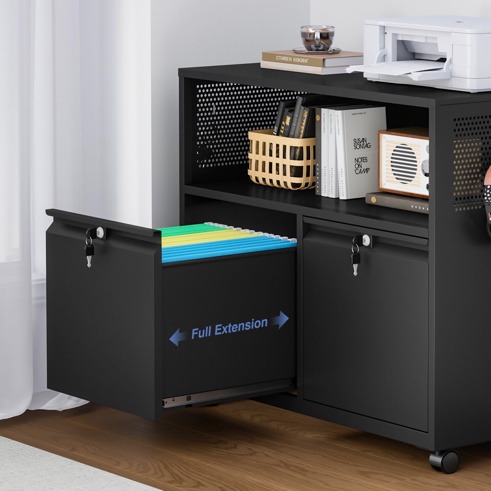 Metal File Cabinet,2 Drawer Filing Cabinet with Lock,Rolling Printer Stand Storage Cabinets with Shelves for Home Office Letter/Legal/A4 Size Files(Black)