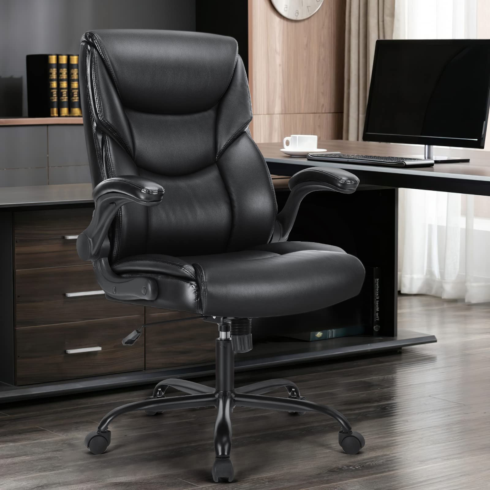 Ergonomic Office Chair, Heavy Duty 275lbs High Back Desk Chair, Flip-up Armrest PU Leather Swivel Rolling Chair with Wheels,Black