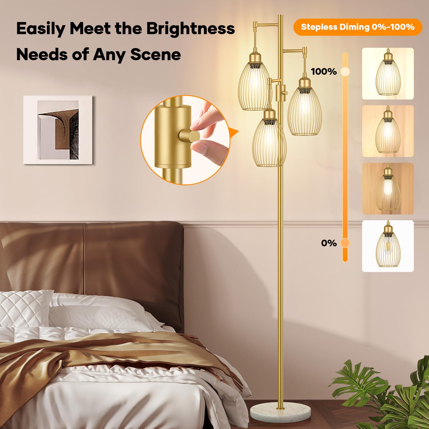 Floor Lamp,3x800LM LED Bulbs Included, Farmhouse Industrial Floor Lamp Standing Tree Lamp with Teardrop Cage Head Tall Lamp for Living Room Bedroom Office Dining Room - Gold & Marble Base