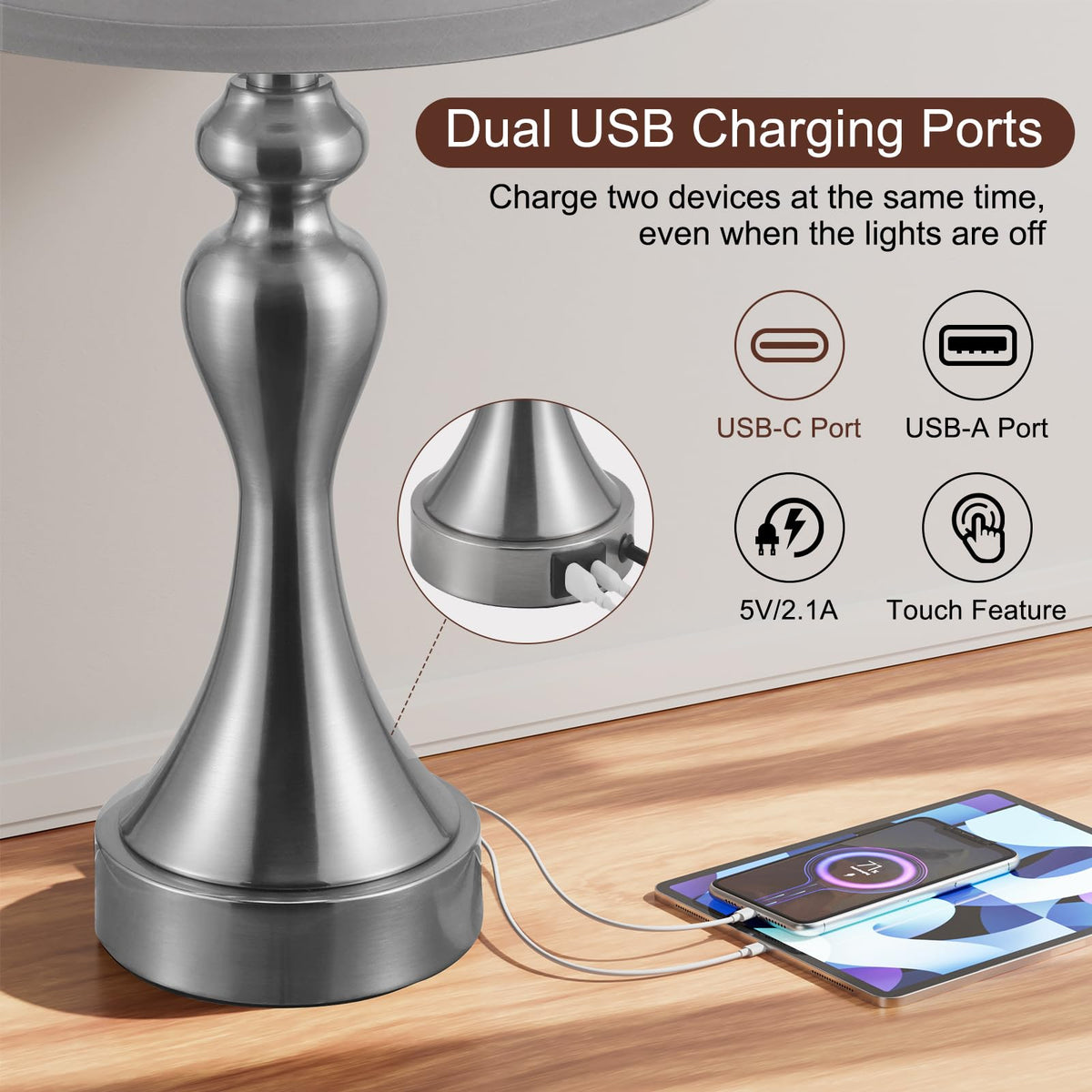 Touch Lamps for Nightstand, 3 Way Dimmable Bedside Lamps with USB C+A Ports