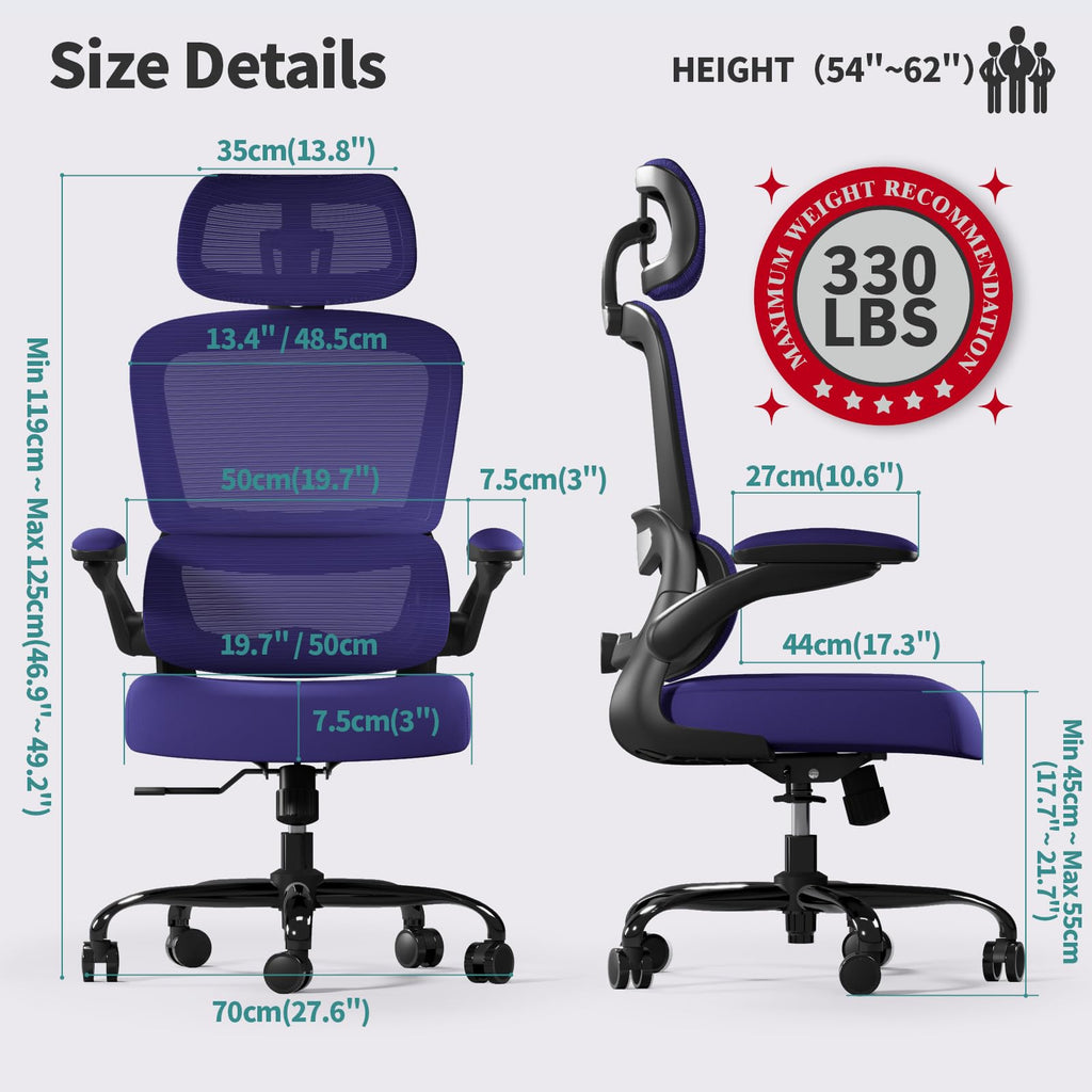 Office Chair Ergonomic Desk Chair, 330 LBS Home Mesh Office Desk Chairs with Wheels, Comfortable Gaming Chairs (Violet)