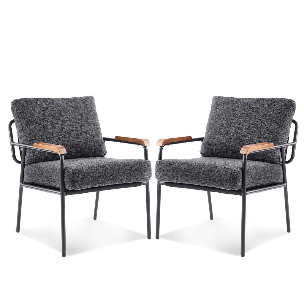 Mid-Century Modern Accent Armchairs Set of 2 for Office, Small Comfy Upholstered Leisure Reading Chairs with Wood Armrests for Office, Bedroom, Living Room, Waiting Room, Linen Grey
