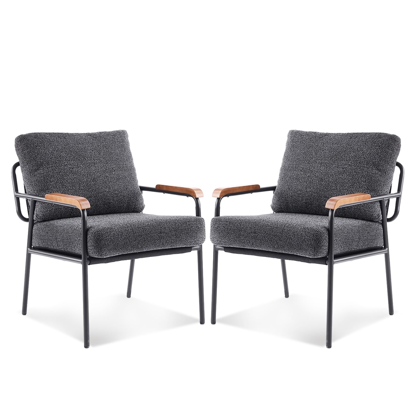 Mid-Century Modern Accent Armchairs Set of 2 for Office, Small Comfy Upholstered Leisure Reading Chairs with Wood Armrests for Office, Bedroom, Living Room, Waiting Room, Linen Grey