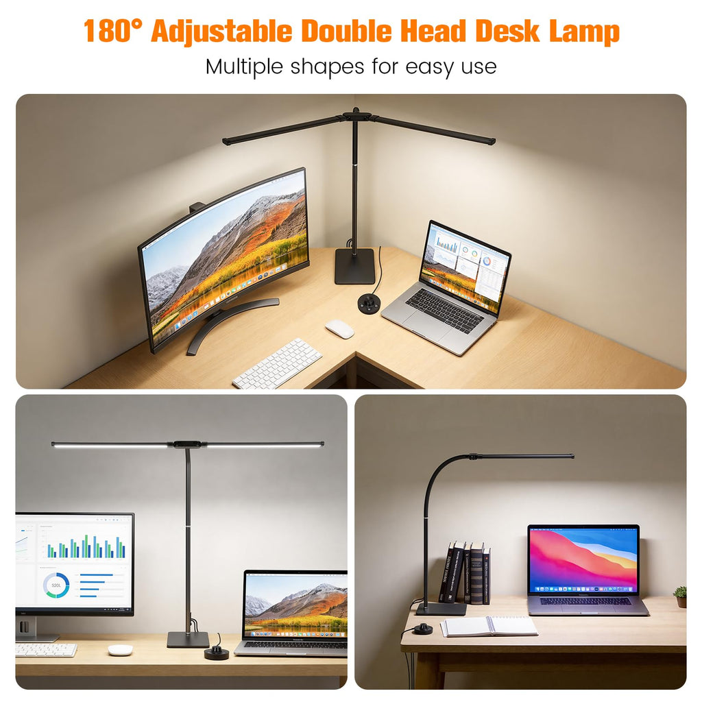 Desk Lamp for Home Office,Adjustable Double Head Desk Light with Base Black