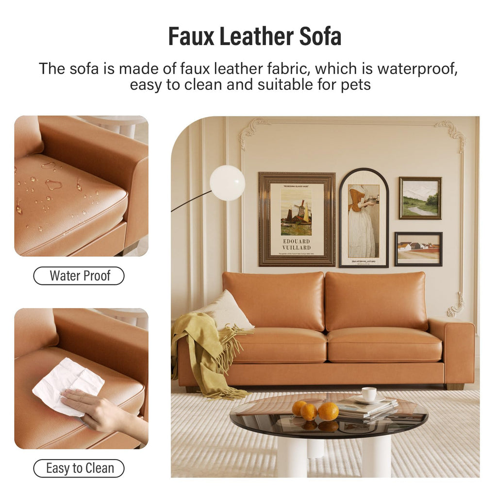 Faux Leather Couch, Mid Century Modern Comfy Loveseat Sofa with Wide Arm, Side Pockets, Solid Wooden Frame for Office, Living Room and Bedroom, 3 Seater (Brown, 88.58 inches)