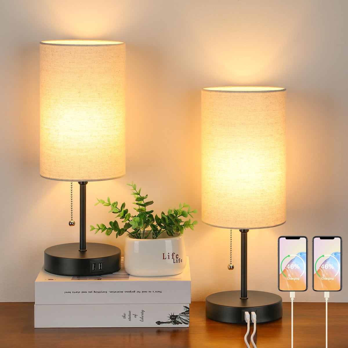 2 Sets Table Lamps with 2 USB, Minimalist Beside Lamps for Bedroom