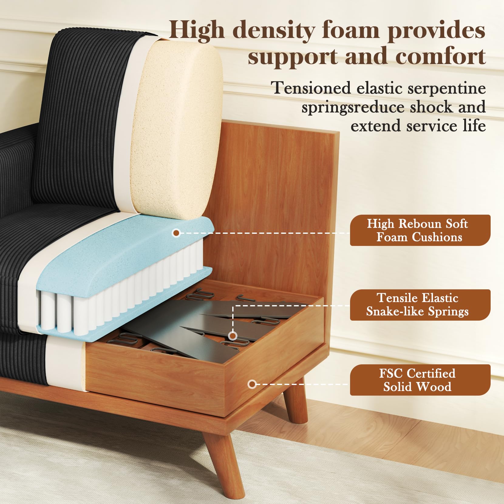 38.5" Accent Chair Black, Comfy Corduroy Single Sofa Seat with Spring Cushion, Upholstered Armchair with Deep Seat, Reading Chair for Adults, Modern Sofa for Living Room, Bedroom