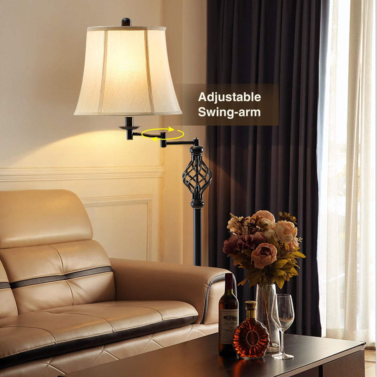 Color Temperature Adjustable Floor lamp, Traditional 350° Adjustable Swing Arm Floor Lamp Vintage Pole lamp Farmhouse Lamp for Living Rooms & Offices, Rustic Standing Lamp for Bedroom Reading