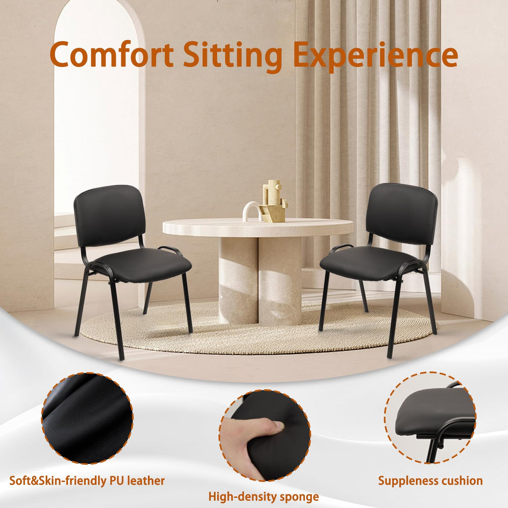 Stacking Waiting Room Chairs, PU Leather Armless Office Guest Chair with Metal Frames, Stackable Conference Room Chairs No Wheels for Reception Lobby Side Meeting Training School, Black