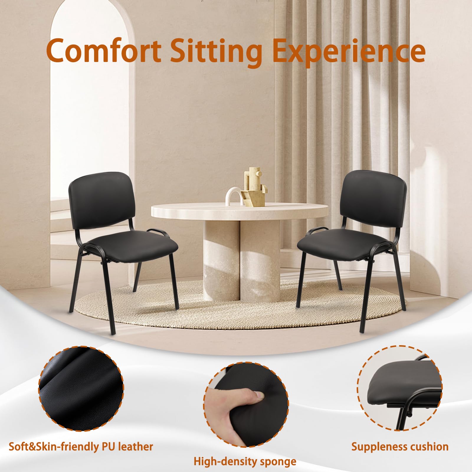 Stacking Waiting Room Chairs, PU Leather Armless Office Guest Chair with Metal Frames, Stackable Conference Room Chairs No Wheels for Reception Lobby Side Meeting Training School, Black