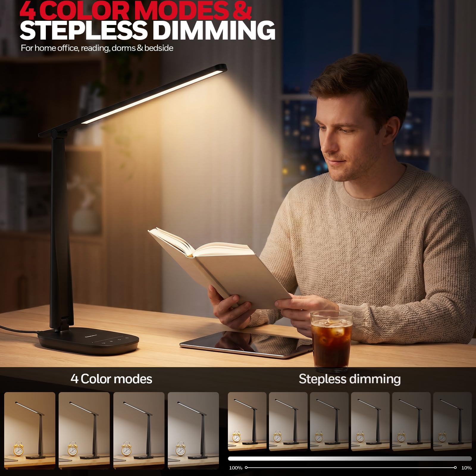 LED Desk Lamp for Home Office, Eye-Caring Dimmable Reading Light with 4 Color Modes, Touch Control, USB-A & USB-C Charging Ports, Adjustable Head, Timer for Bedroom & Small Desks