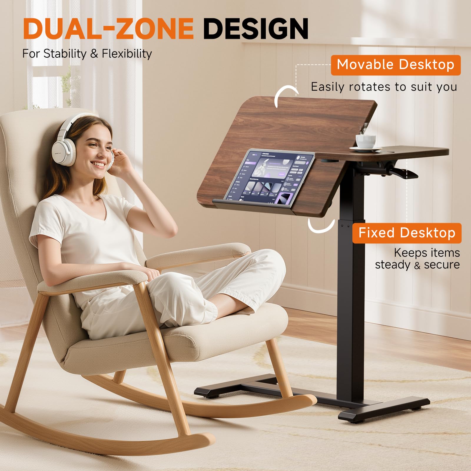 Tiltable Mobile Small Standing Desk, Pneumatic Adjustable Height Overbed Bedside Table with Wheels, Sit Stand Portable Rolling Laptop Desk Computer Workstations, Walnut