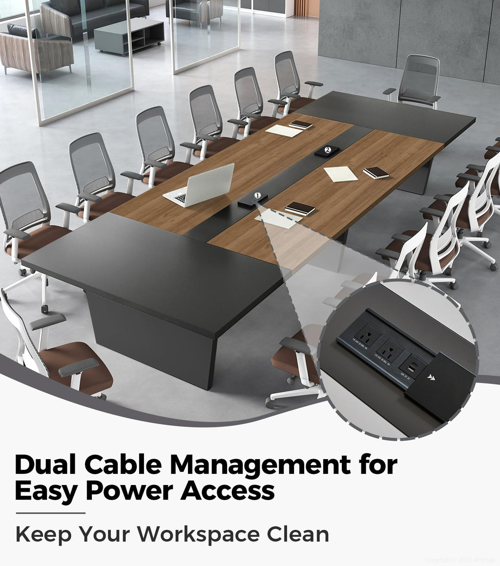 10FT Conference Table for 10 People, Large Rectangular Boardroom Meeting Table with Built-in Power Outlets & USB Ports, 2" Thick Tabletop & Heavy-Duty Base (Walnut & Gray, 118"L x 51"W x 30"H)