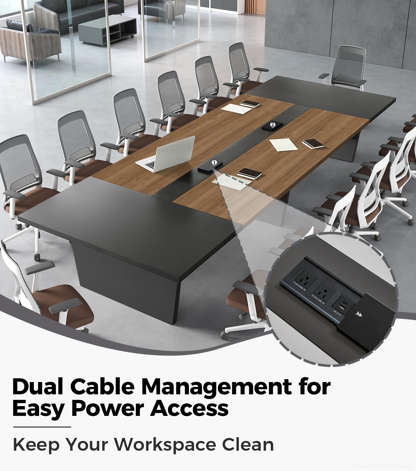 10FT Conference Table for 10 People, Large Rectangular Boardroom Meeting Table with Built-in Power Outlets & USB Ports, 2" Thick Tabletop & Heavy-Duty Base (Walnut & Gray, 118"L x 51"W x 30"H)