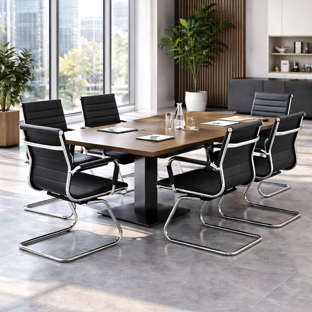 Conference Room Chairs Set of 6, Waiting Room Chairs with Arms, Faux Leather Reception Chairs No Wheels, Office Guest Chairs with Mid Back Support and Chrome Sled Base, Black