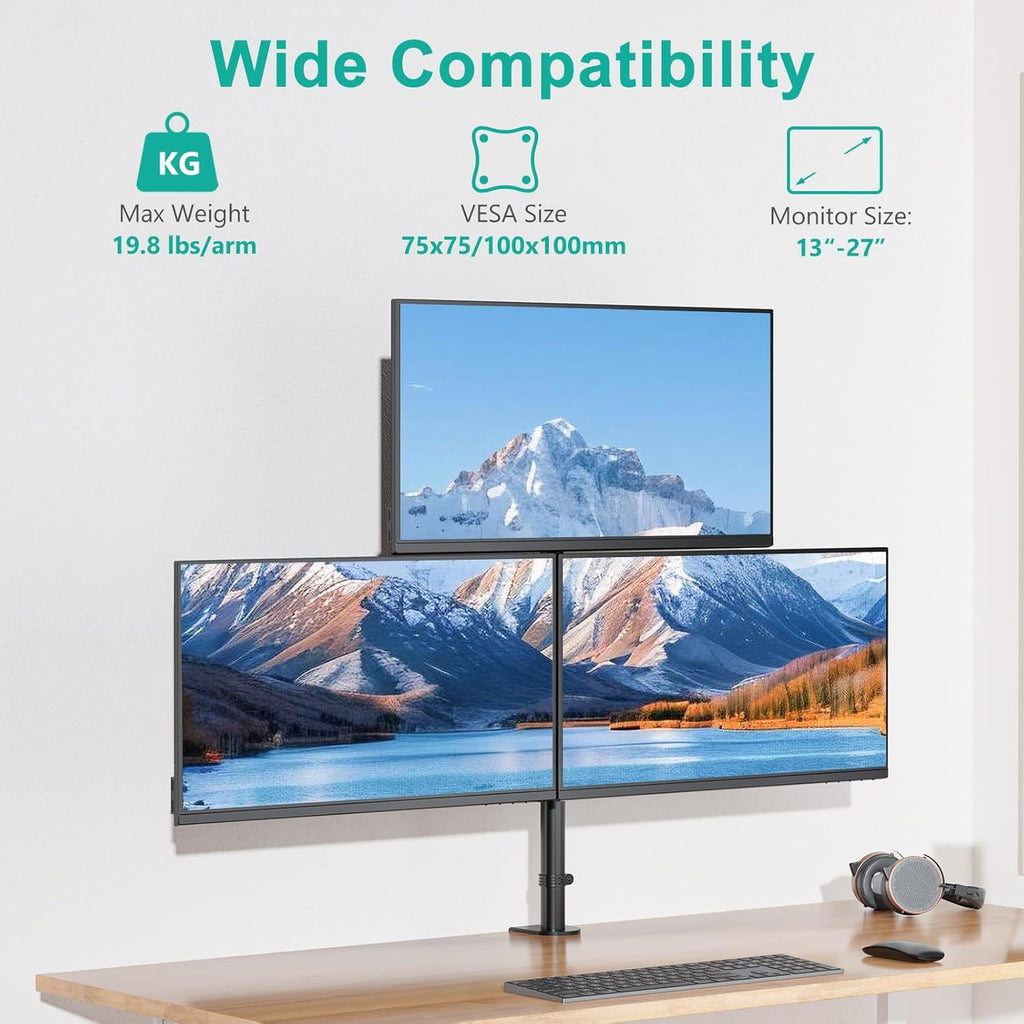 Triple Monitor Mount for 13-27 inch Screens, Taller 3 Monitor Desk Mount, up to 19.8lbs, 31.9 inch Height Max, Adjustable Triple Monitors Stand, VESA 75/100mm (GSDM003S), Black