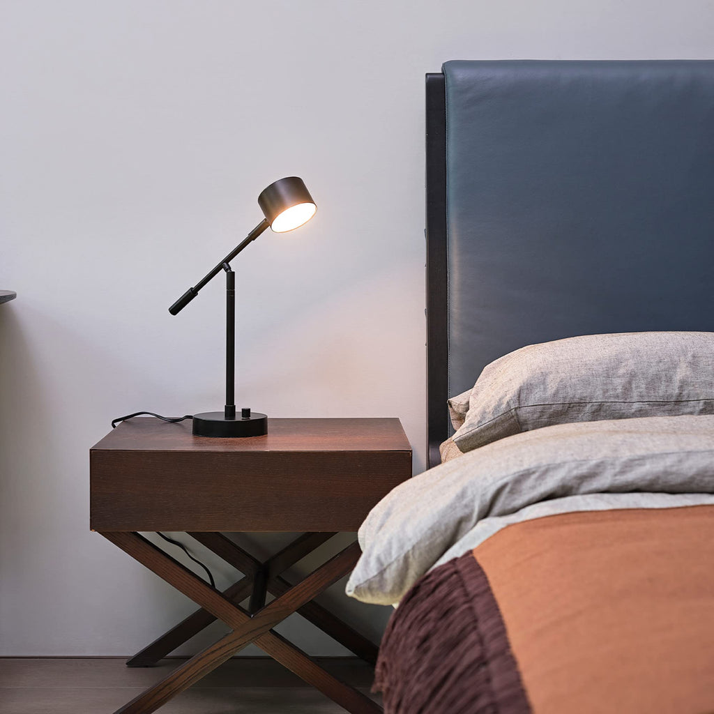 Aristocrat 16" Integrated LED Swing Arm Desk Lamp, Matte Black, Dimmable On/Off Rotary Switch at Base, 2.1A USB Port