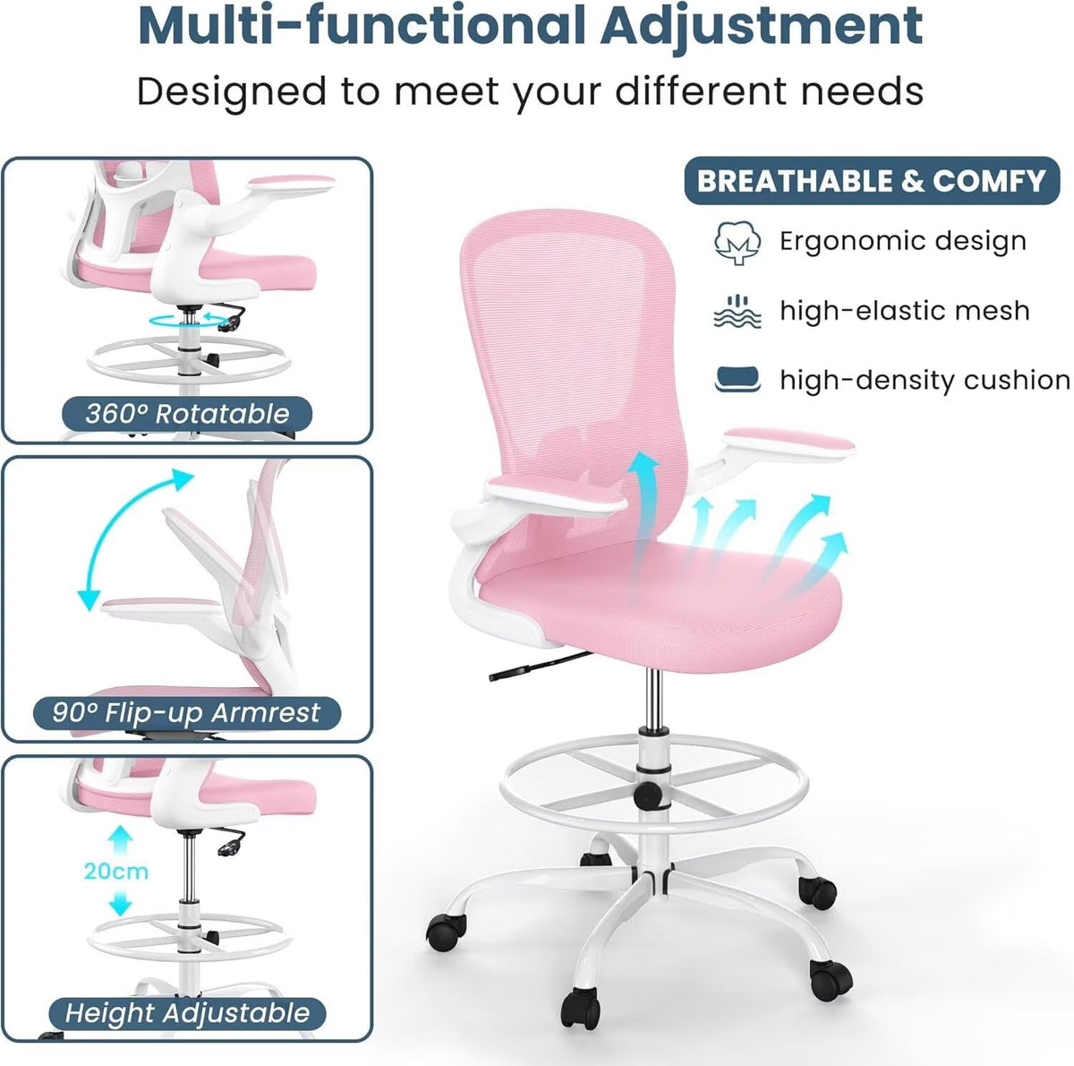 Drafting Chair Tall Executive Ergonomic Computer Standing Desk Chair with Flip-Up Armrests