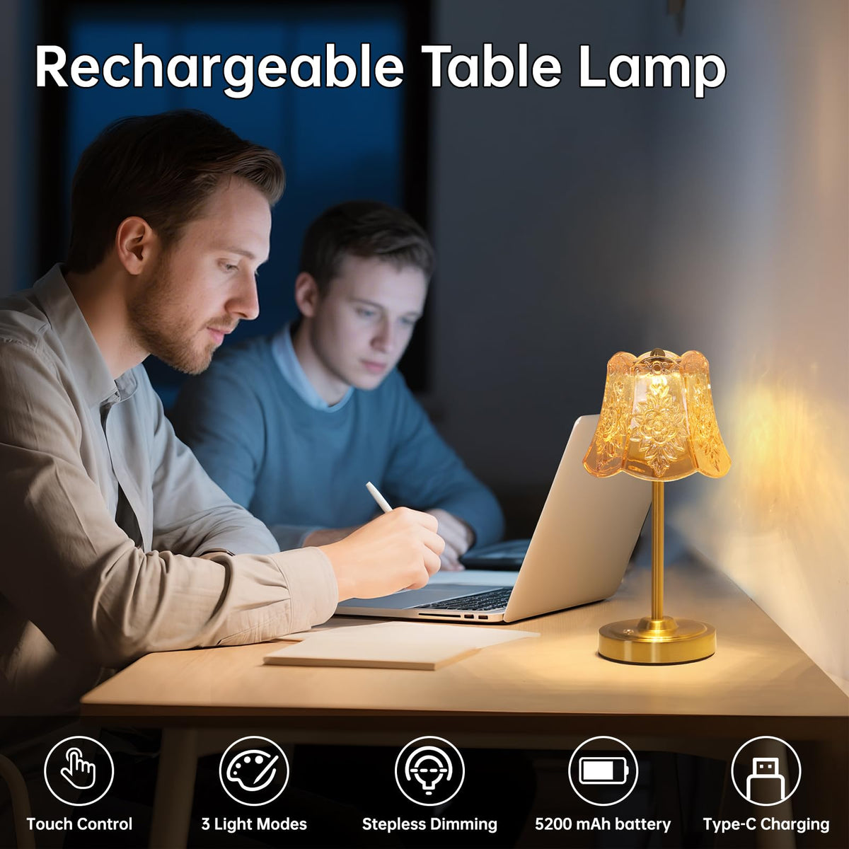 Cordless Touch Table Lamp with 5200mAh Battery - 3 Adjustable Color Temperatures & Dimmable, Rechargeable Desk Lamp for Bedroom, Living Room, Office, Entryway, Bookshelves (Amber Rose)