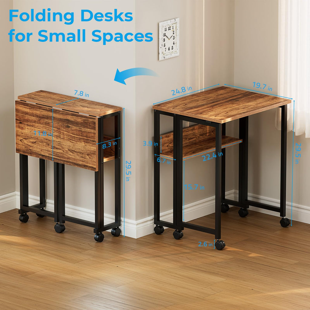 Folding Desk with Wheels, 24.8 Inch Compact Rolling Computer Table with Storage Shelf, Portable Mobile Workstation for Small Spaces, Easy Assembly,Walnut