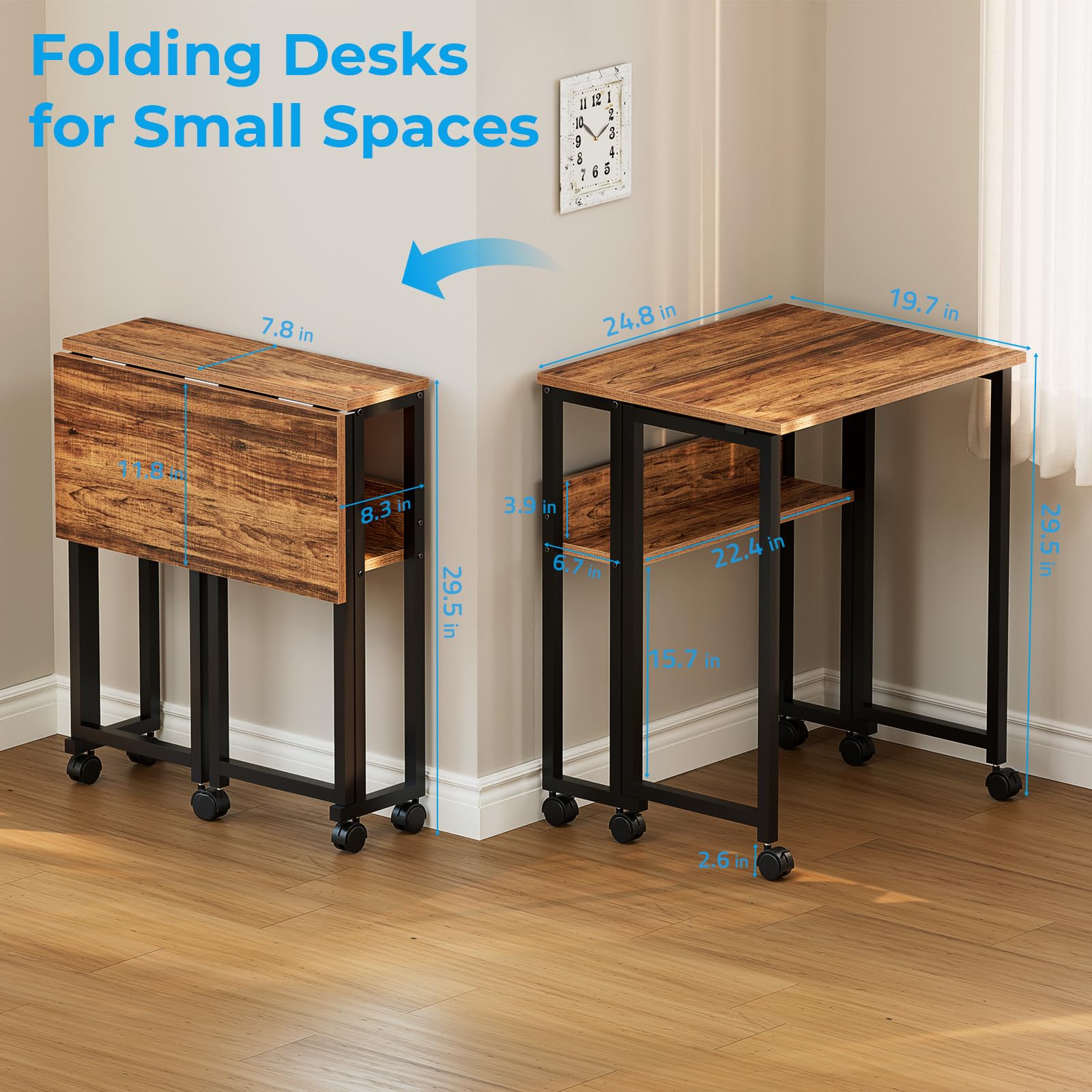 Folding Desk with Wheels, 24.8 Inch Compact Rolling Computer Table with Storage Shelf, Portable Mobile Workstation for Small Spaces, Easy Assembly,Walnut