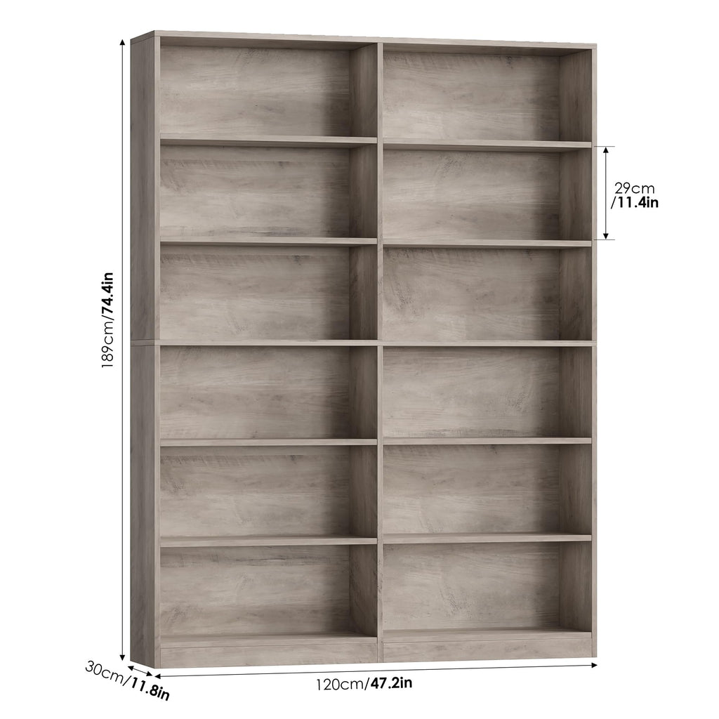 Bookshelf Tall Bookcase, 6-Tier Double Wide Bookshelves,Wash Grey
