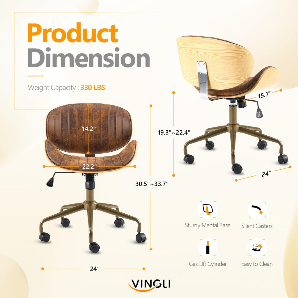Wide Comfotable Swivel Home Office Chair with Wood-Grain Curved Shell,Ergomomic Mid-Back Padded Armless Modern Desk Chair with Wheels,Height Adjustable for Computer,Task,Work,Microfiber,Rustic