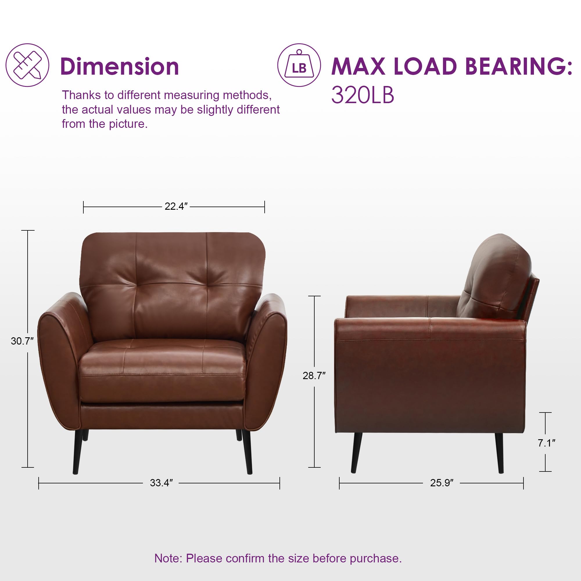 Sofa Couch 61" Small Loveseat Couches for Living Room Leather Couch Mid Century Modern Tufted Mini Sofa Comfy Office 2 Seat Settee Love Seat Loveseat for Small Spaces Bedroom (3, Brown)