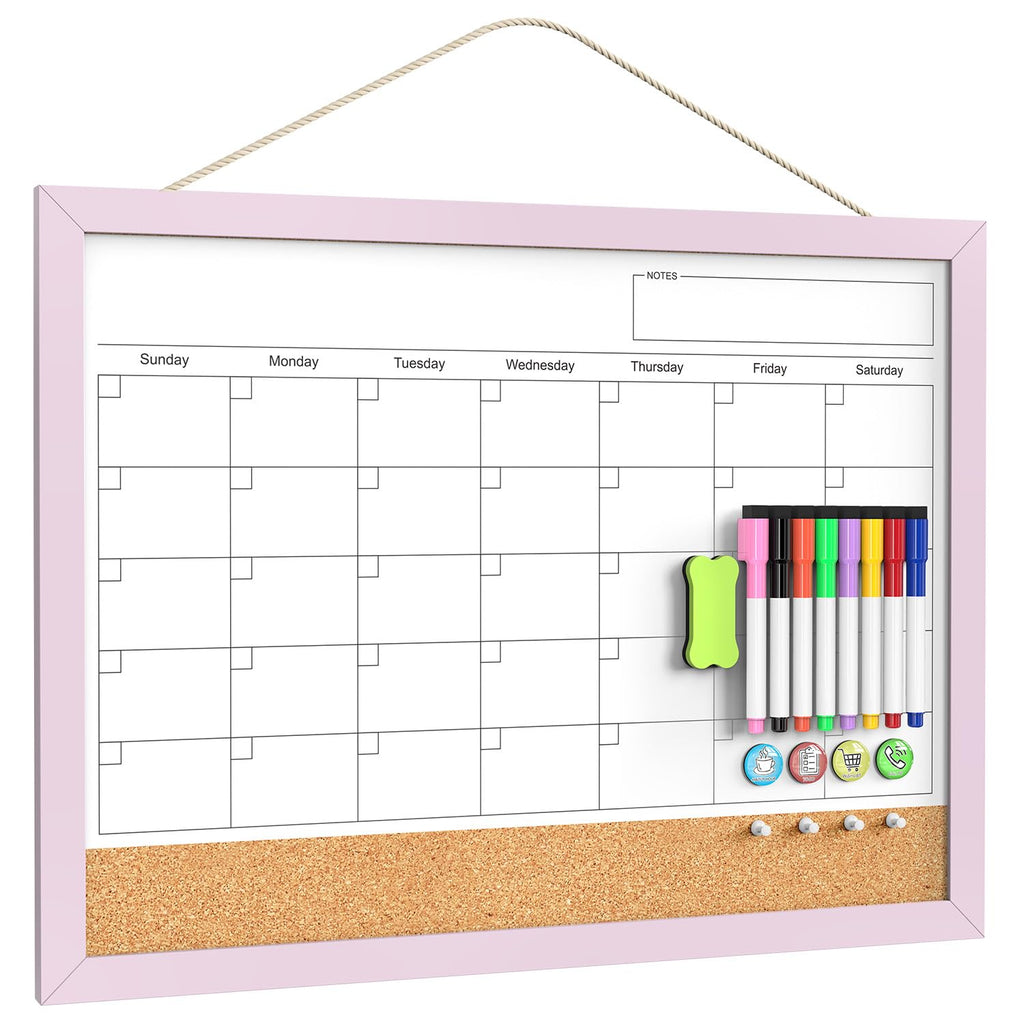 Dry Erase Calendar Cork Board Combo, 18x24 Inches Calendar Whiteboard for Wall, Magnetic White Board with Pink Wood Framed, Dry Erase Board for Planner Office Kitchen Home Memo