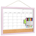 Dry Erase Calendar Cork Board Combo, 18x24 Inches Calendar Whiteboard for Wall, Magnetic White Board with Pink Wood Framed, Dry Erase Board for Planner Office Kitchen Home Memo