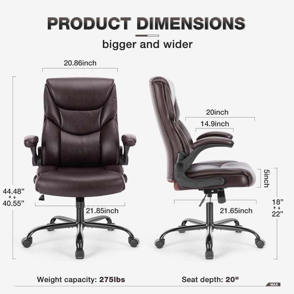 Ergonomic Office Chair, Heavy Duty 275lbs High Back Desk Chair, Flip-up Armrest PU Leather Swivel Rolling Chair with Wheels,Brown