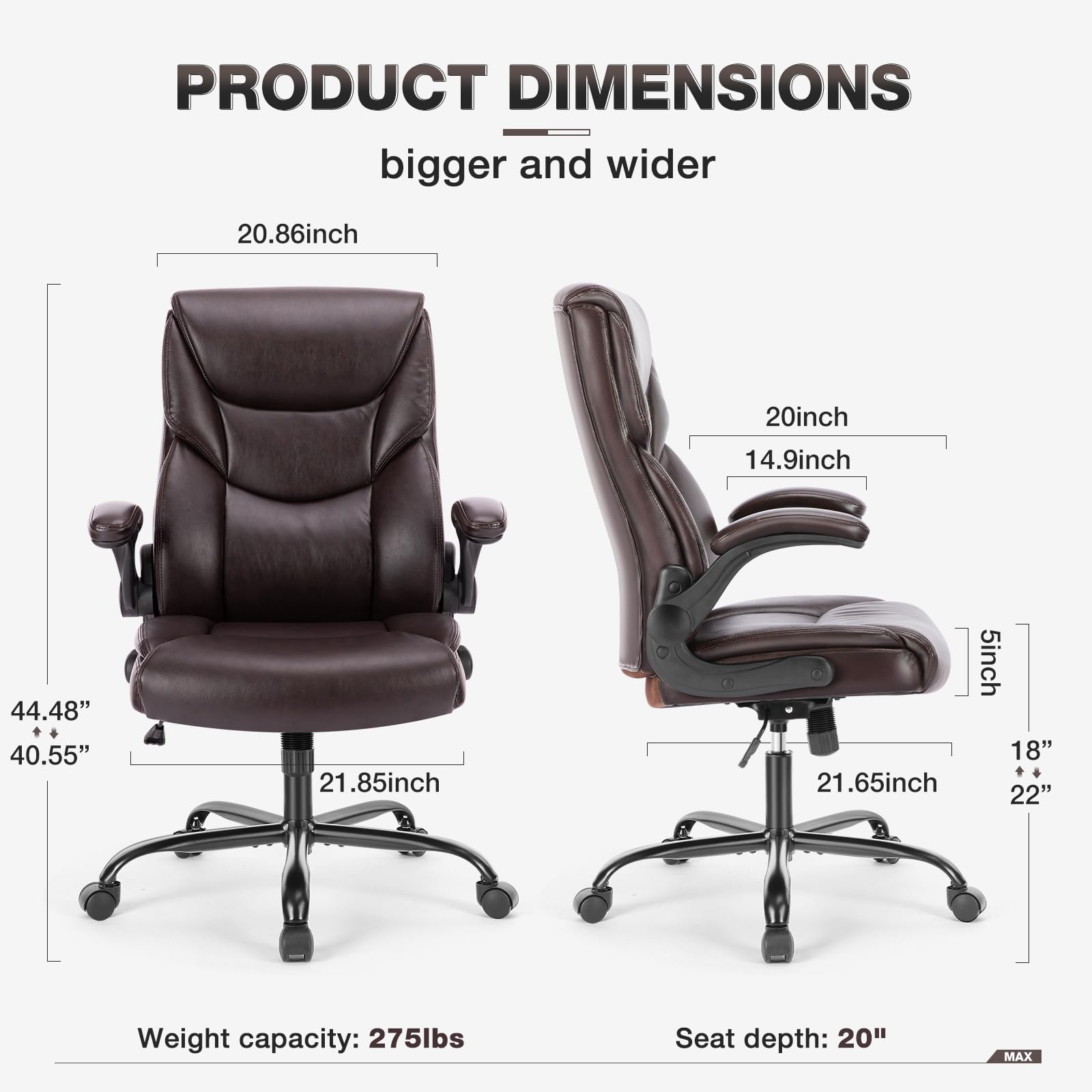 Ergonomic Office Chair, Heavy Duty 275lbs High Back Desk Chair, Flip-up Armrest PU Leather Swivel Rolling Chair with Wheels,Brown