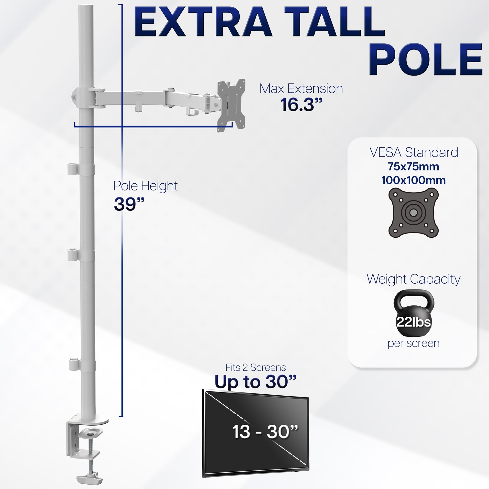 Extra Tall Single Monitor Desk Mount Stand with 39 inch Pole, Features Full Adjustability - Tilt and Articulation, Holds 13 to 32 inch Screens up to 10kg with VESA Mounting, White, STAND-V011W