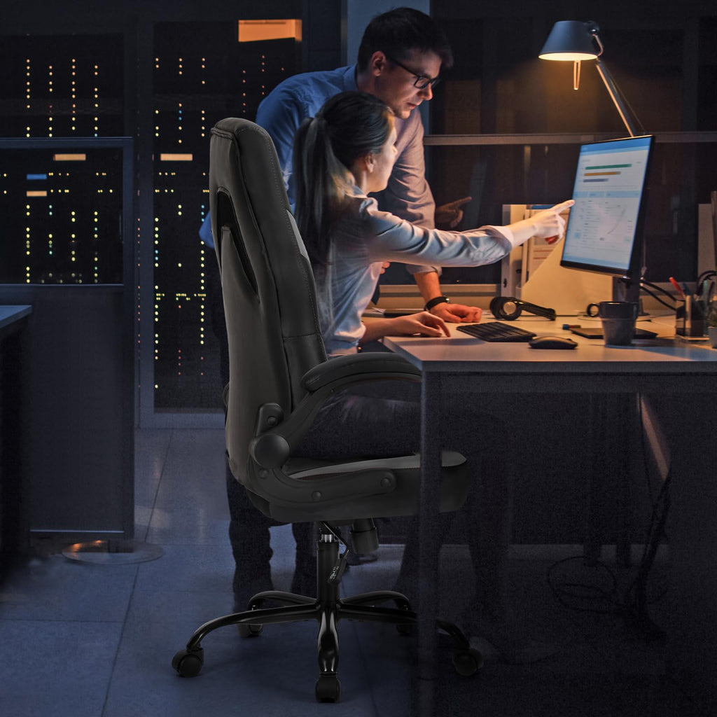 Computer Gaming Desk Chair - Ergonomic PU Leather with Comfy Lumbar Support, Height Adjustable Rolling Desk with Flip-up Armrests, for Home and Office