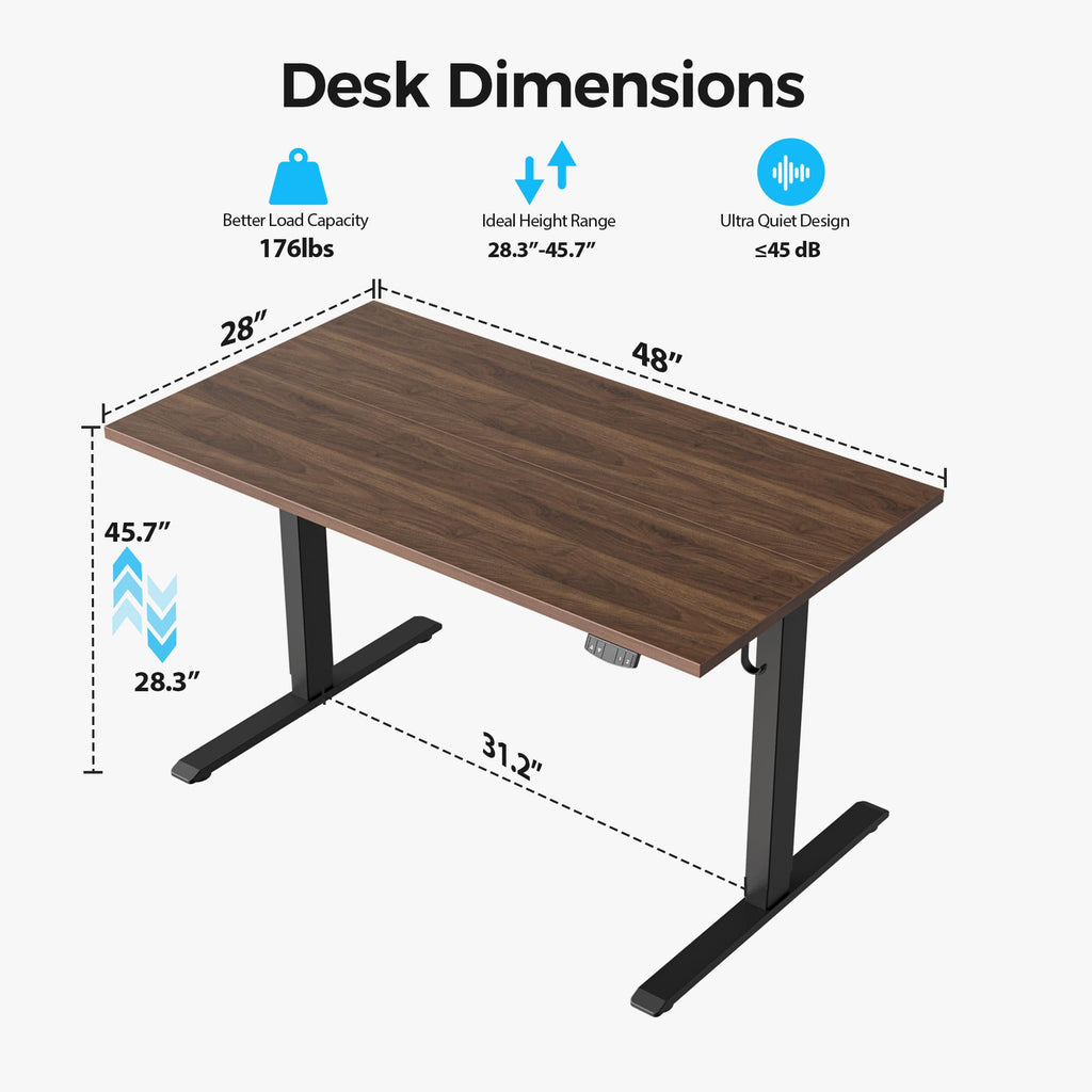 Electric Standing Desk, 48 x 28 Inches Height Adjustable Desk, Sit Stand up for Work Office Home, Ergonomic Rising Computer Table with Memory Preset, Dark Walnut
