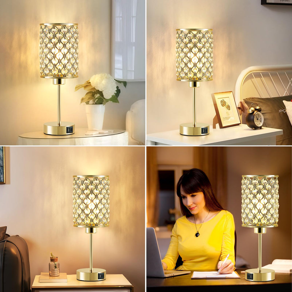 Crystal Table Lamp, Gold Touch Lamp with USB C+A Port, 3-Way Dimmable